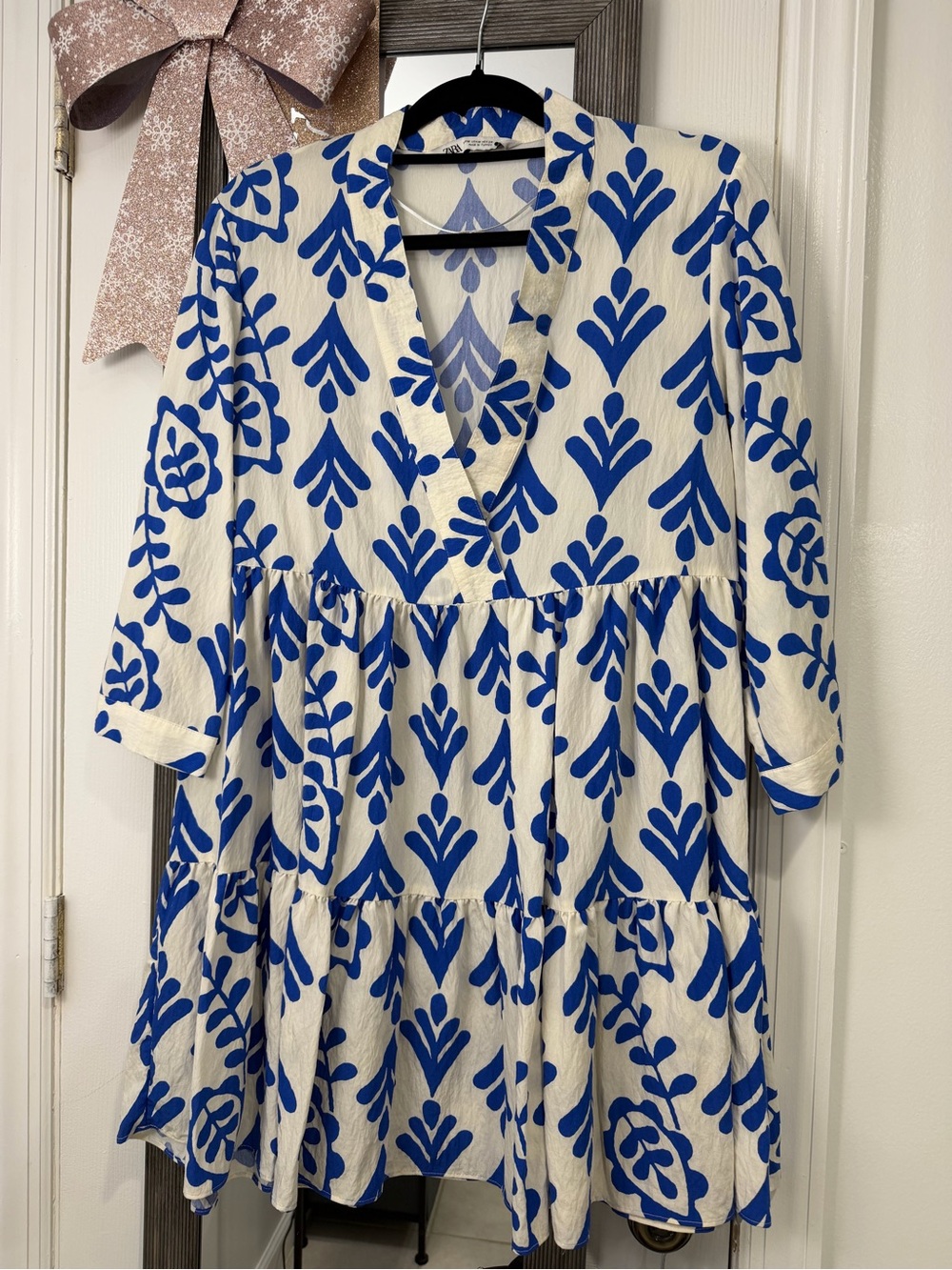 Zara White Dress with Bold Royal Blue Print